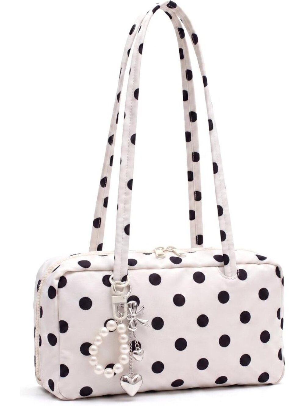 Lightweight Polka Dot Bowler Shoulder Bag with Pearl Heart Charm for Women